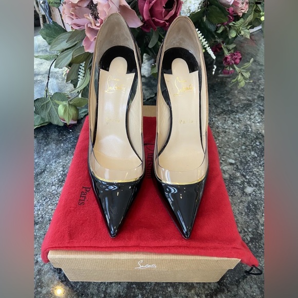 Christian Louboutin Cosmo Black Patent and Gold Euro 41 100mm Heels - Picture 2 of 8